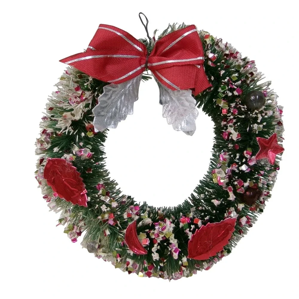 Vintage Miniature Bottle Brush Christmas Wreath Foil Leaves Red Bow Mica